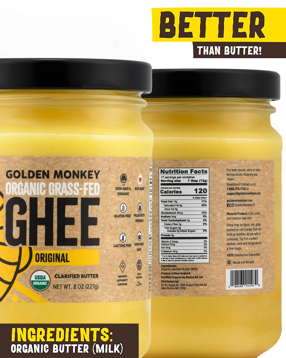 GOLDEN MONKEY Organic Ghee Butter – Grass Fed Clarified Butter for Cooking, Baking, Keto & Gut Health – Ghee Butter Organic Grass Fed from Small Farms – Smooth Spread with High Smoke Point (8oz)