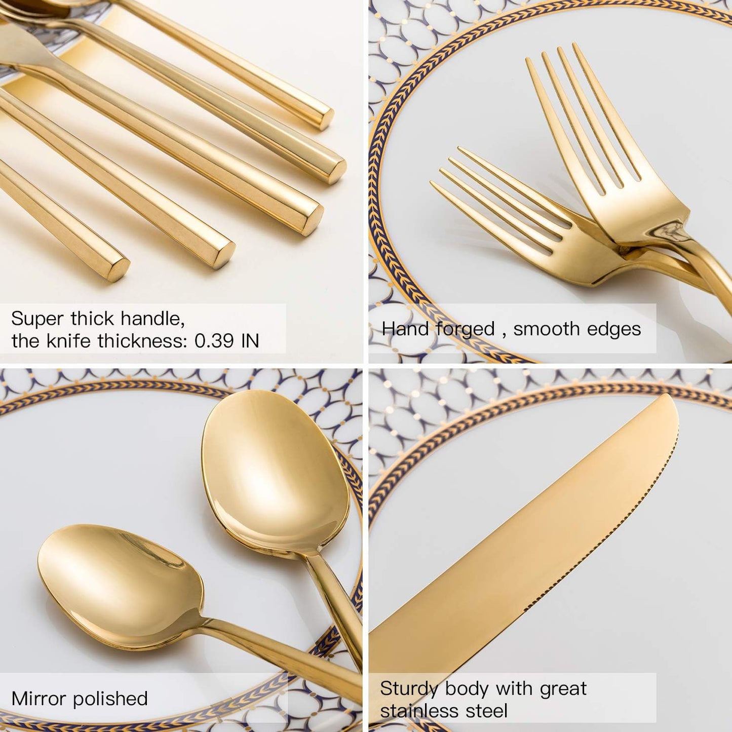 Silverware Set Flatware Set Shiny Gold Cutlery Set with Hexagon Handle Forged Stainless Steel Heavy 20 Pieces For Home Hotel Use Service for 4
