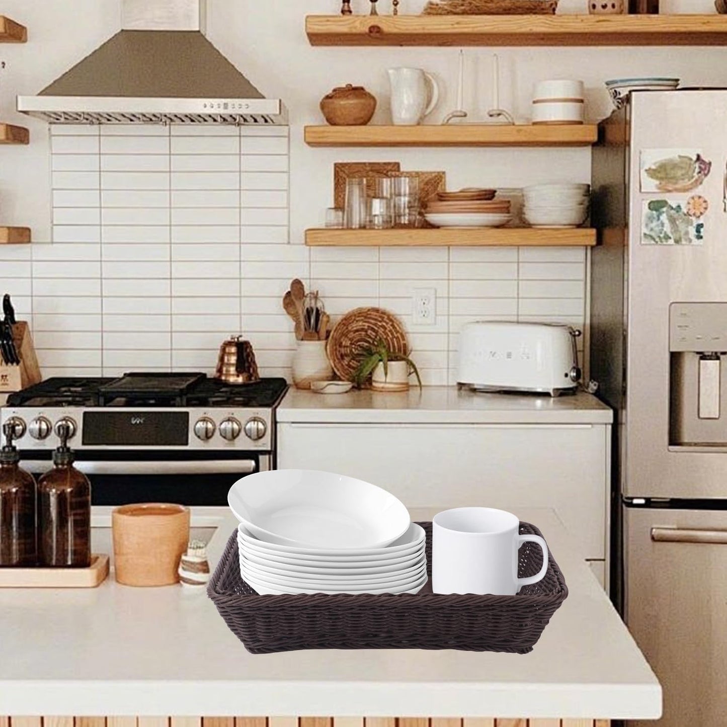 6 Pack 16 Inch Deep Coffee Wicker Bread Basket, Handmade Woven Organizer, Rectangular Fruit Baskets, Snack Basket Food Serving Baskets for Dining Table, Candies, Crackers, Fruit, Vegetables