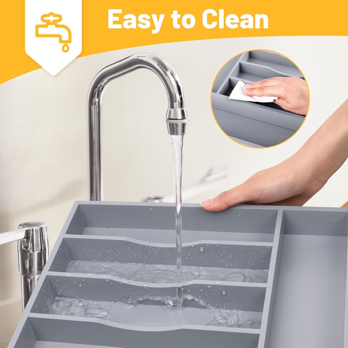 Kitchen Bamboo Silverware Organizer, Kitchen Drawer Organizer - Utensil Holder and Cutlery Tray with Grooved Drawer Dividers for Flatware 7 Slot, Grey