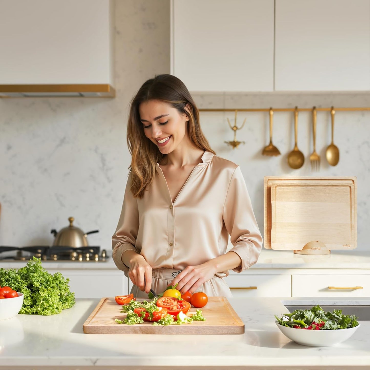 SMIRLY Wood Cutting Boards for Kitchen Wooden Chopping Board Set Reversible with Deep Juice Grooves Grip Handles, Large Charcuterie Tray for Home Kitchen, Natural Birch, 3Pcs with Holder