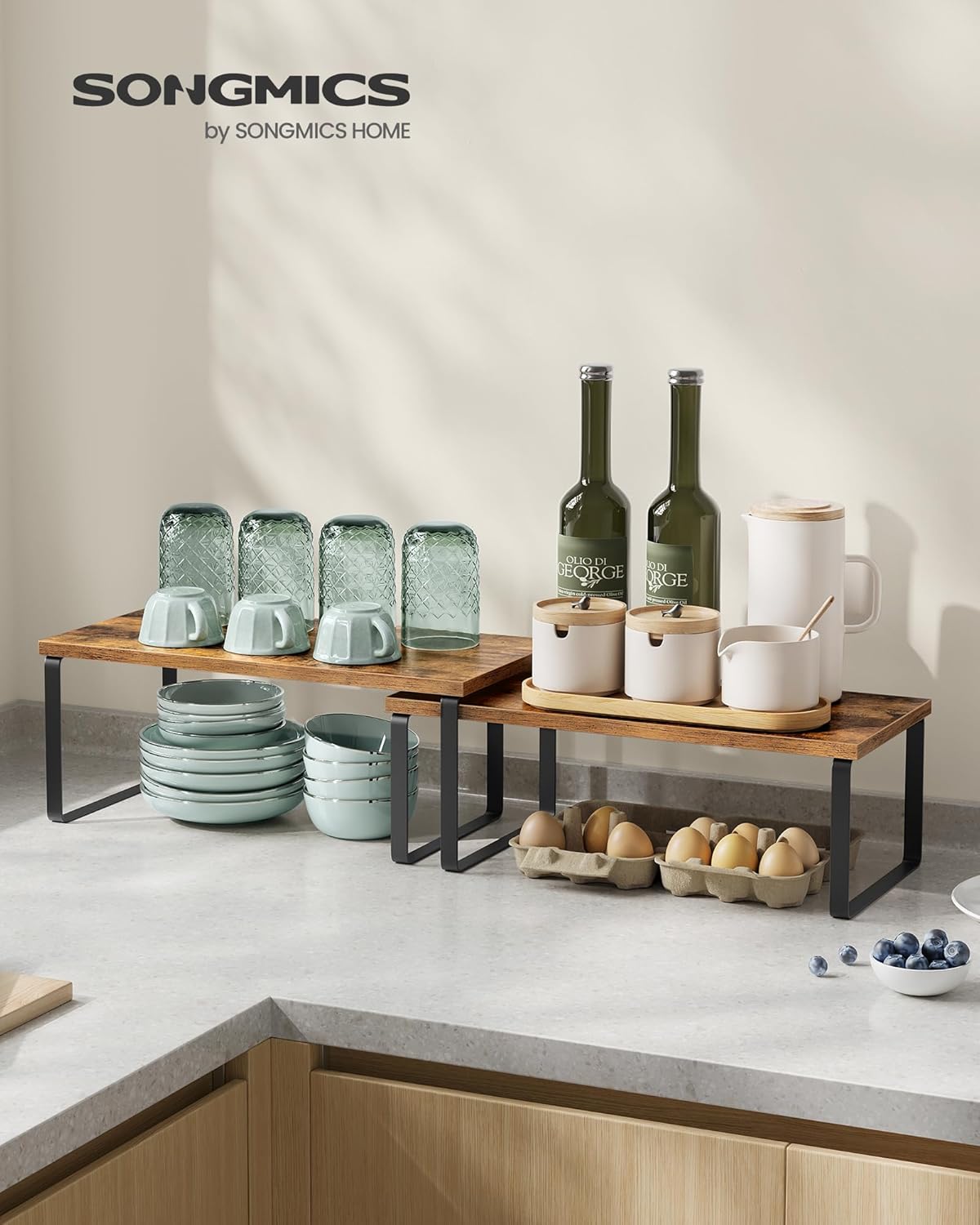 SONGMICS Cabinet Organizer Shelf, Set of 2 Kitchen Counter Shelves, Kitchen Storage, Spice Rack, Stackable, Expandable, Metal and Engineered Wood, Ink Black and Rustic Brown UKCS200X01