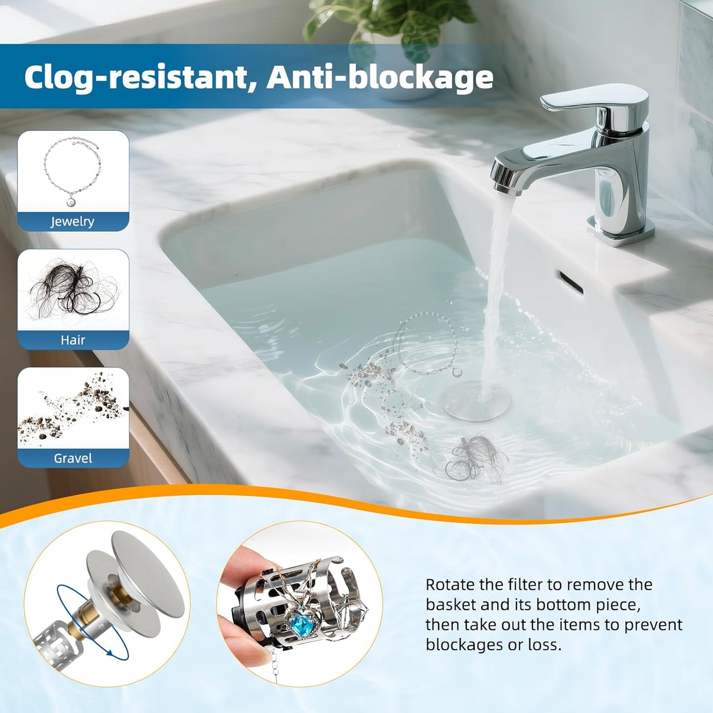 Hibbent 2 Pack Upgraded 3 in 1 Bathroom Sink Drain Strainer, Pop Up Sink Stopper with Big Cap, Anti-Clogging Metal Filter Basket,Sink Plug with Hair Catcher for 1.1''~2.36'' Basin, Brushed Nickel