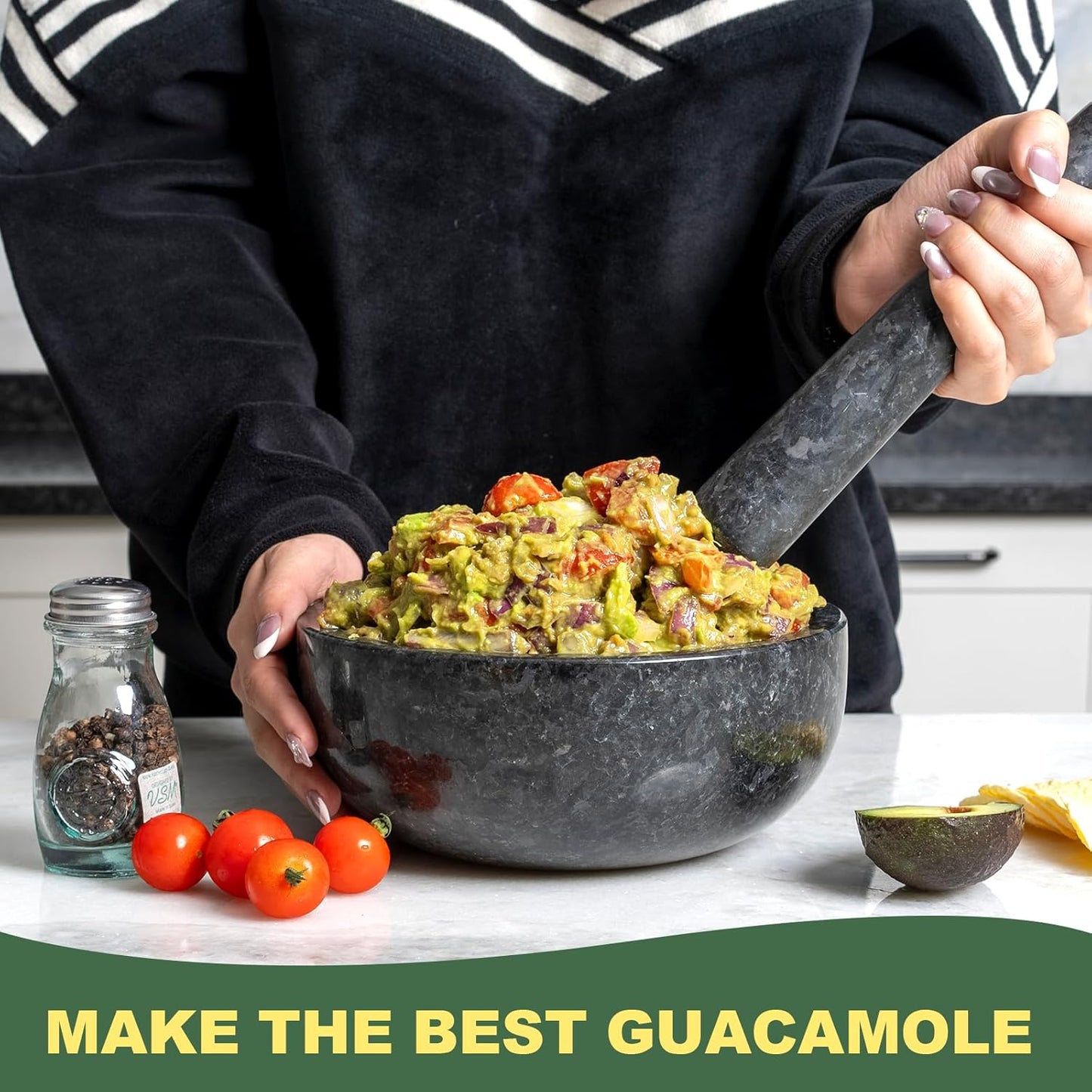 Koville Granite Mortar and Pestle Set, 8" Extra Large Grinder Bowl for Guacamole, Salsa, Pill Crusher, Spice, Herb, Garlic, Nut, Heavy Duty Grinder for Kitchen