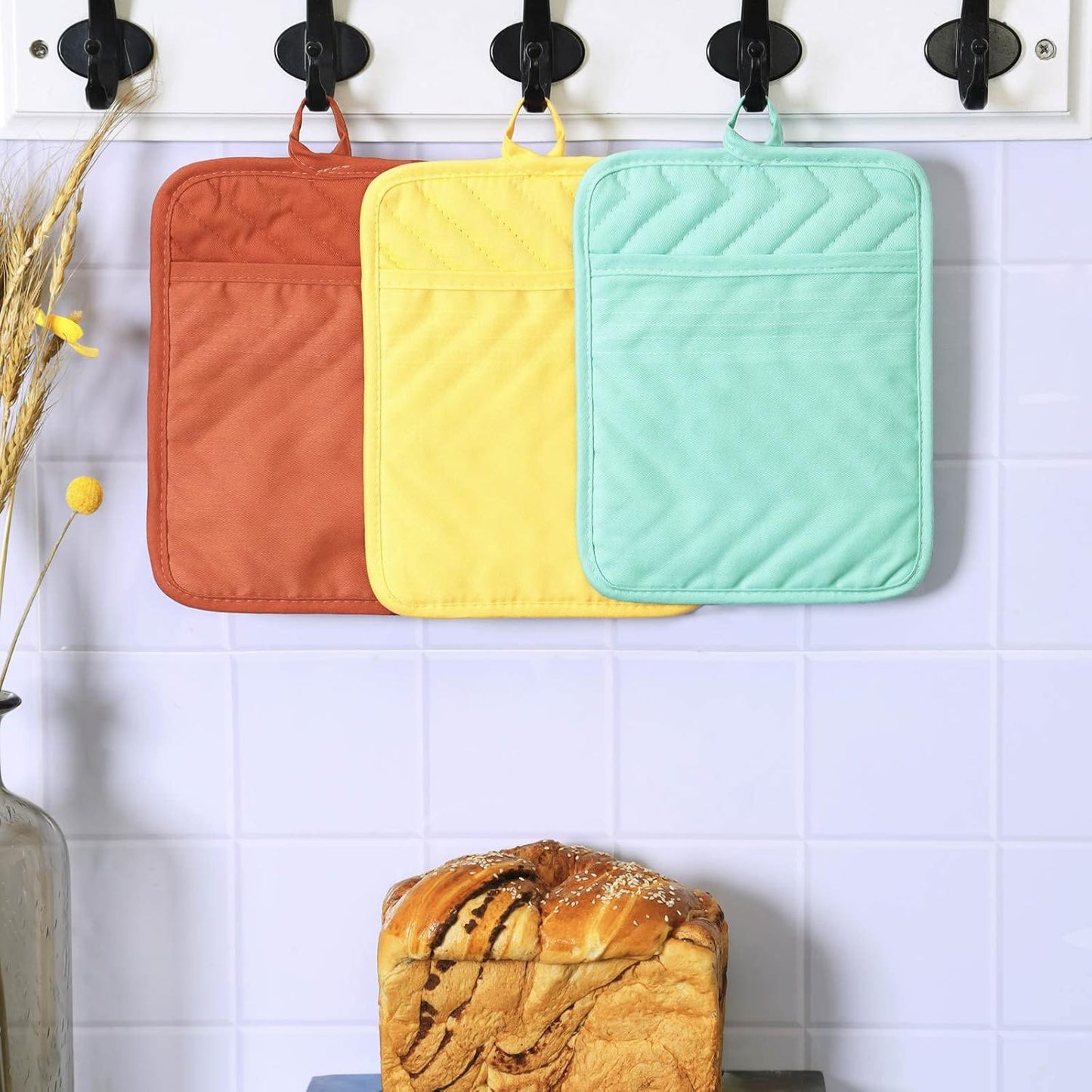 Anyi Pot Holders and Oven Mitts 7" X 9" Heat Resistant Cotton Pocket Pot Holder Set Feature of Non Slip Kitchen Hot Pad Oven Mitts, 3-Pack (Aspen Gold)