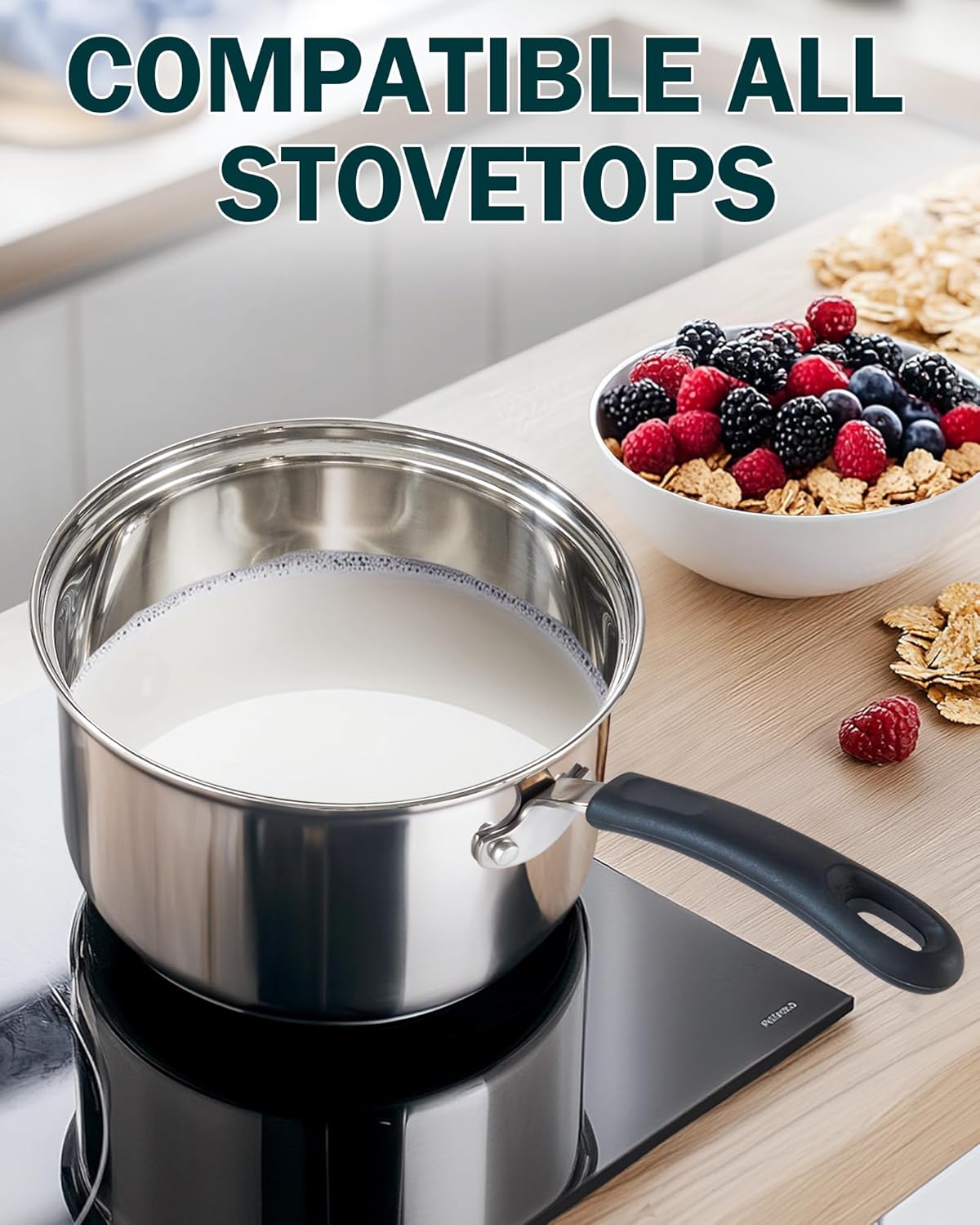 Cook N Home Saucepan Sauce Pot with Lid 2 Quart Stainless Steel , Stay Cool Handle, silver