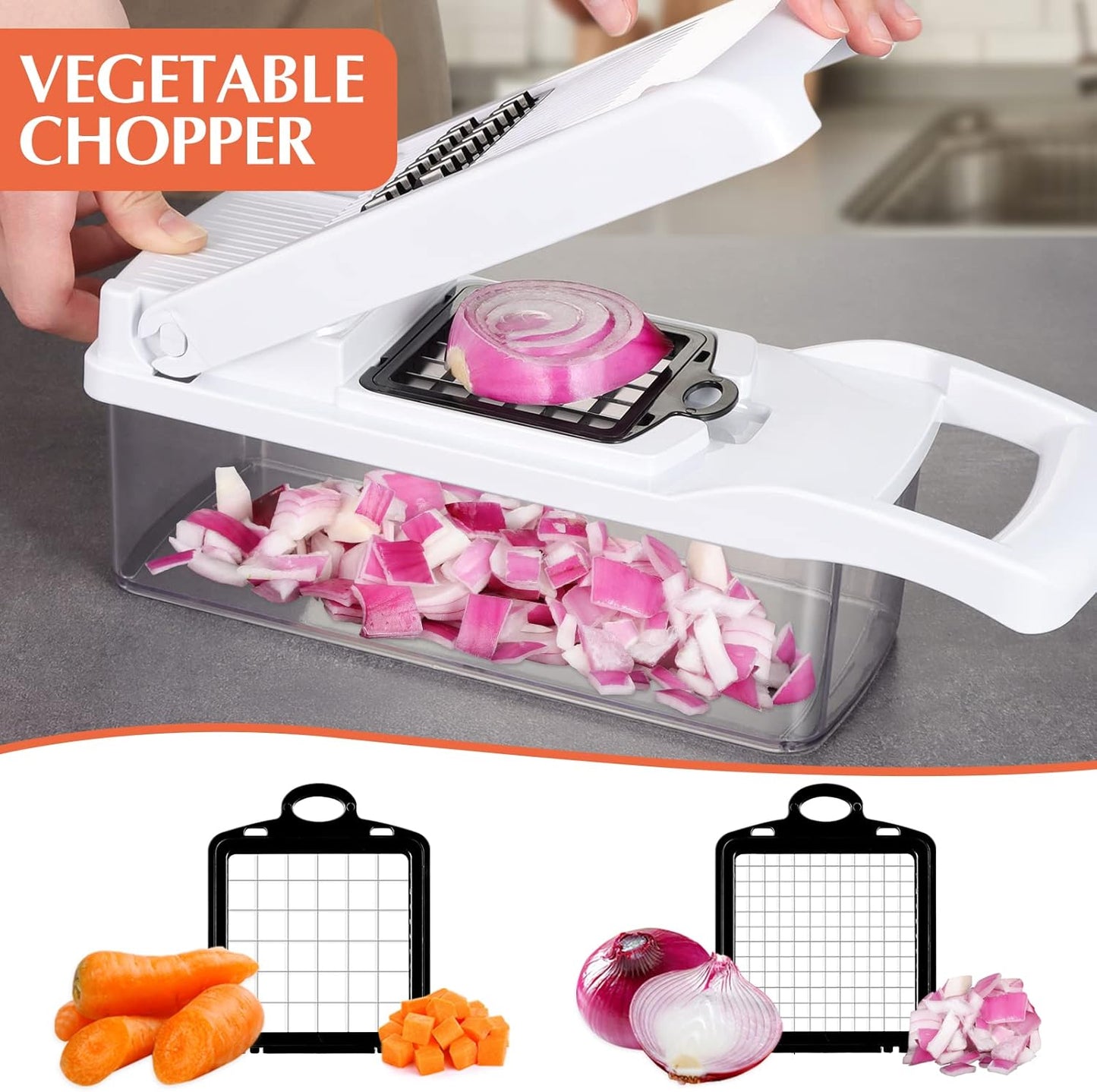 KEOUKE Vegetable Chopper Mandoline Slicer Pro - 16 in 1 Interchangeable Blades Food Chopper with Container, Hand Guard & Drainer, Veggie Dicer Spiralizer Kitchen Gadget for Onion, Cucumber, Fruit