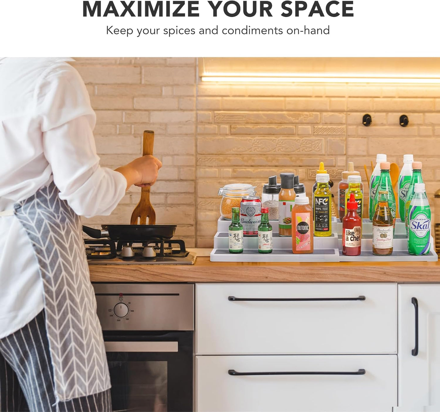 3 Tier Expandable Spice Rack Organizer, Plastic Spice Rack, Adjustable Length 14.6In-25.8In, Non-Skid Tiered Spice Shelf Organizer for Kitchen Cabinet, Cupboard, Pantry, White/Grey