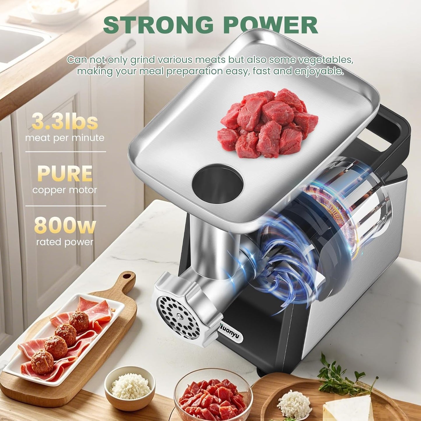 Huanyu Electric Meat Grinder for Home Use, Quiet for Apartment Cooking, Process Beef & Venison in 90s, Sausage Kubbe Prep Kit 110v