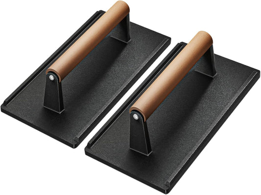 Yoehka Cast Iron Grill Press-2PCS, Heavy Duty Bacon/Burger/Griddle/Chef Press with Wood Handle, Perfectly Grilled Steak,Meat,Sandwich,Panini, 2.25lbs Cooking Weight,Rectangle(8.27"×4.25"×3.35”in)