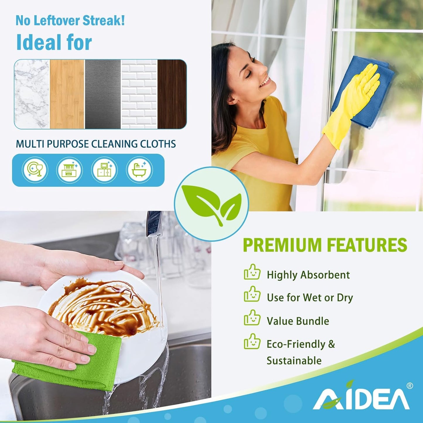 AIDEA Microfiber Cleaning Cloth, 100PK, Soft Absorbent Rags, Microfiber Towels for Cars, Kitchen Towels, Dusting Cloth for Home, Window, Cleaning Supplies, 12"×12"