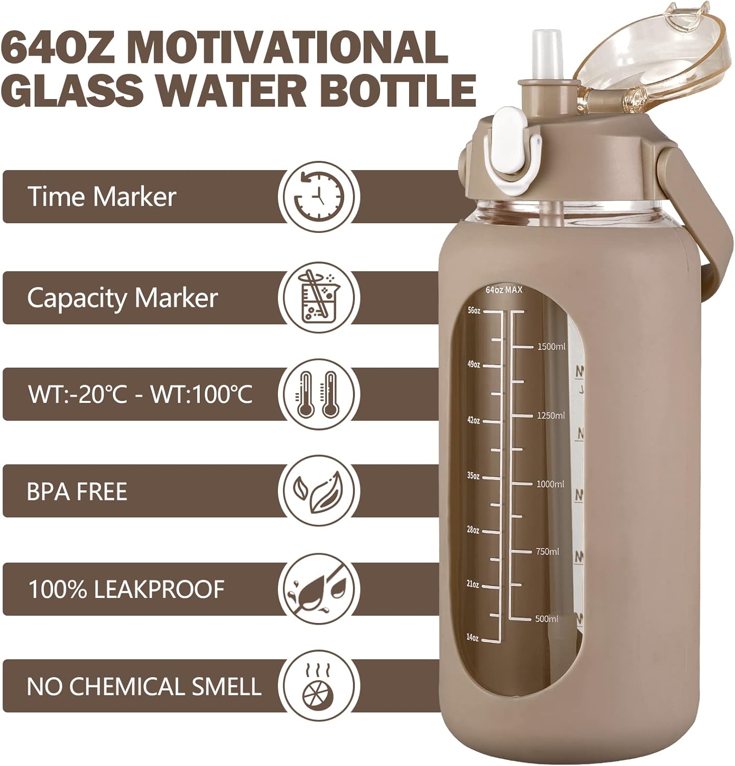 kytffu 64oz Glass Water Bottles with Straw, Half Gallon Motivational Glass Bottle with Silicone Sleeve and Time Marker, 2L Leakproof Large Glass Water Jug for Gym Home Office,Amber