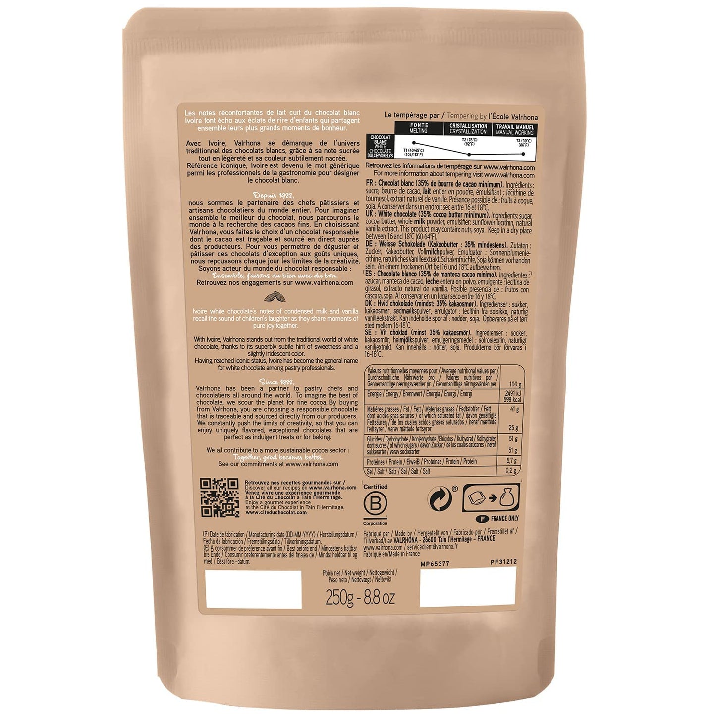 Valrhona Premium French Baking Creamy White Chocolate Discs (Feves) IVOIRE 35% Cacao. Easy Melt and Tempering. Hints of Vanilla & Warm Milk. For Sauces, Mousses, Frostings and Candies 250g (Pack of 2)