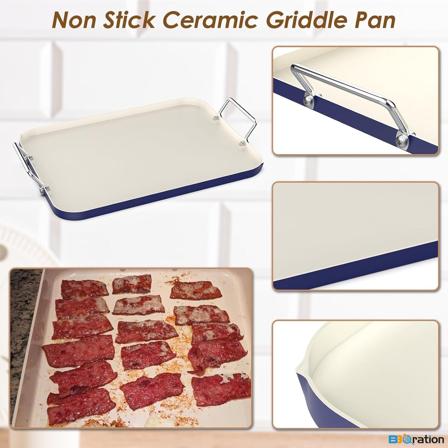 17.7" x 13" Burner Griddle Pan for Stove Top Oven, Stainless Steel Handles, Non Stick Ceramic Griddle Pan Griddle Skillet, PTFE Free PFOA Free, Blue