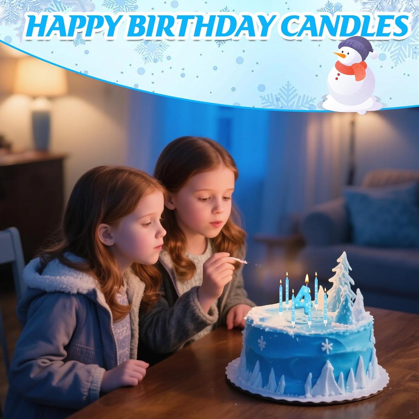 13PCS White and Blue Frozen Themed Party Birthday Candles Set - Blue Number Candles Snowflake Themed Decorations, Girls Party Supplies(Number 4)