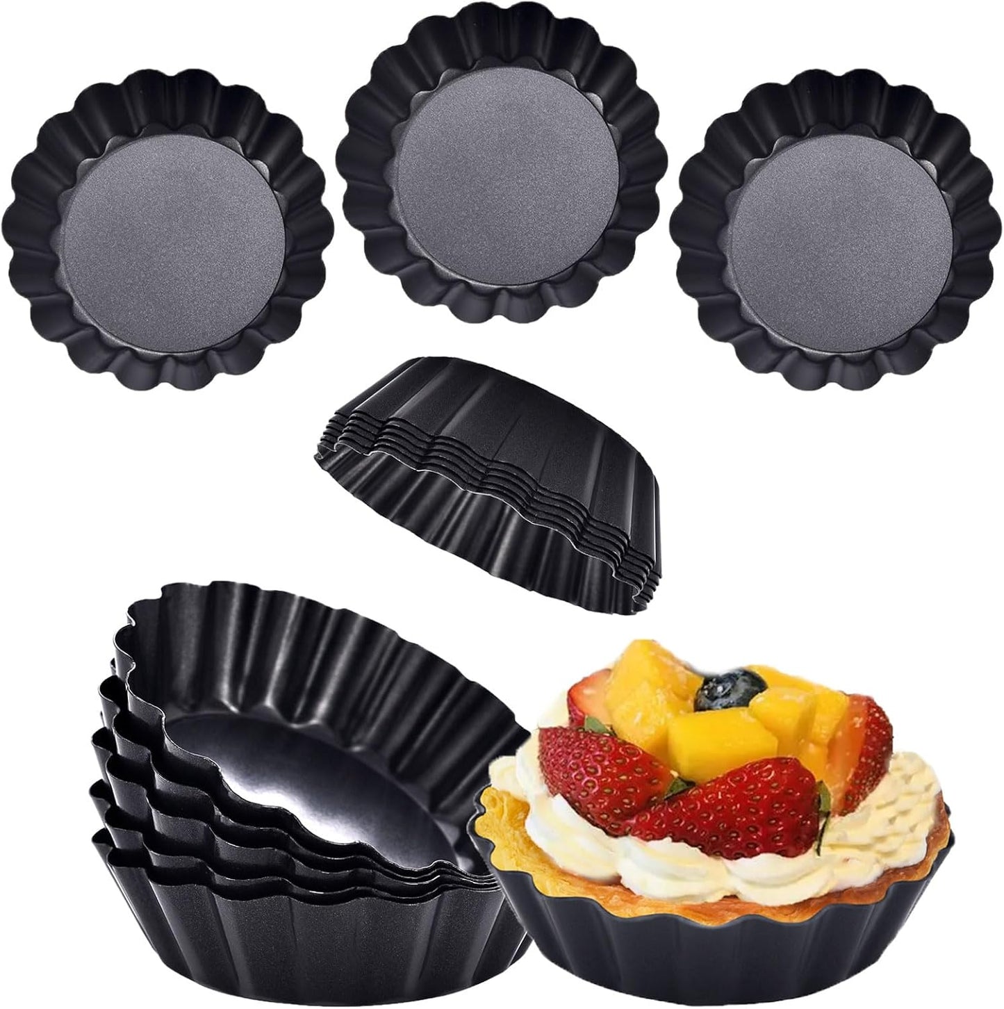 Mini Tart Pans Removable Bottom 3 Inch Tart Pan Nonstick Round Quiche Pan Heavy Duty Carbon Steel Small Pie Pan for baking, Set of 12