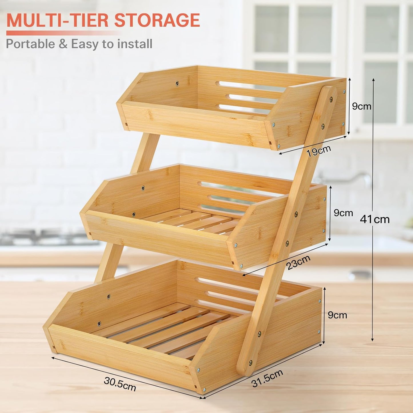 G.a HOMEFAVOR Bamboo Fruit Basket, Fruit Organizer for Kitchen Counter, Vegetable Storage Stand, 15 mm Thickness (Self-assembly)