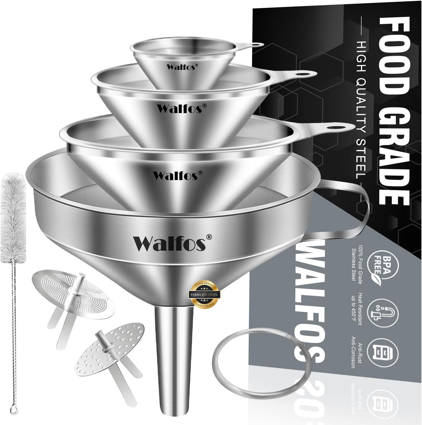 Stainless Steel Funnel, Walfos 4 Pack(4in、3 in、2.2 in、1.7in Kitchen Funnel with 2 Removable Strainer ＆ 1Pcs Cleaning Brush, Perfect for Transferring of Liquid, Oils, Jam, Dry Ingredients & Powder
