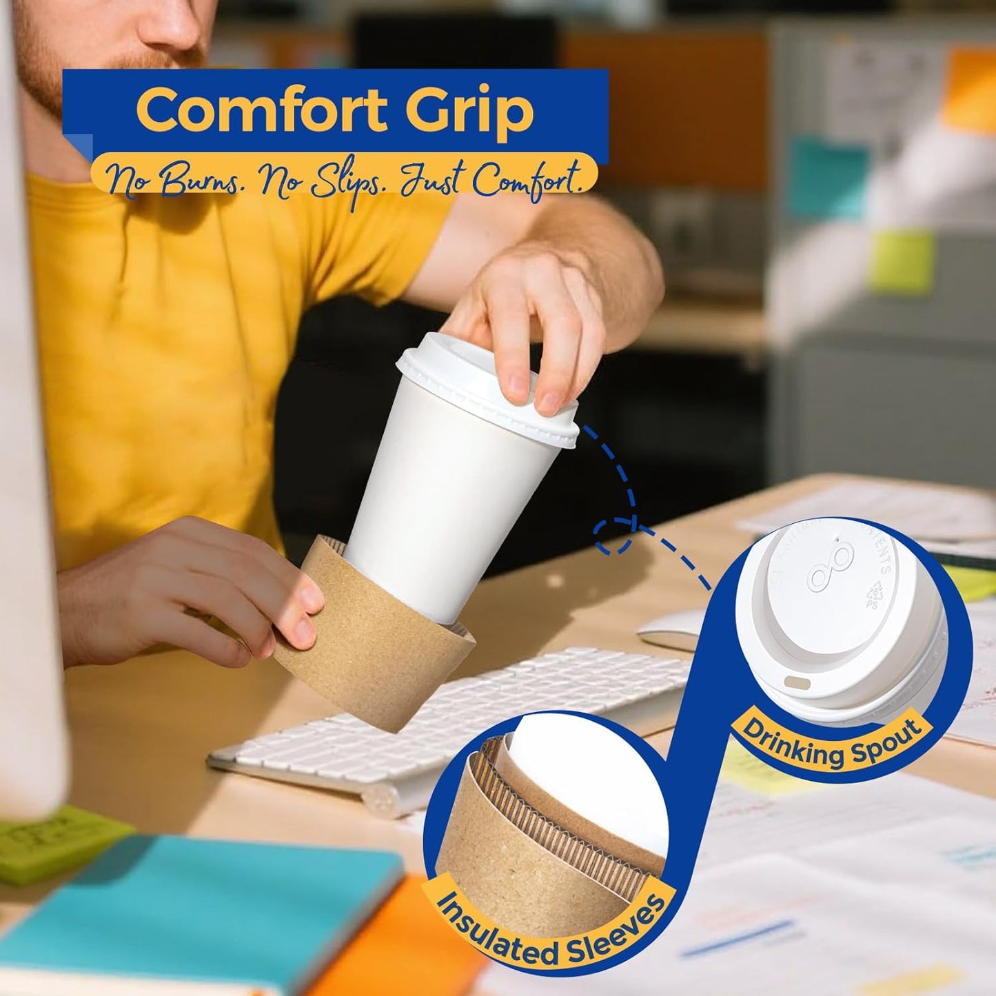 Fit Meal Prep 50 Pack 12 oz Disposable Coffee Cups with Lids, Sleeves, Leak-Proof To Go Coffee Cups with Lids, Durable Hot Paper Cups for Home, Office, Party, Business