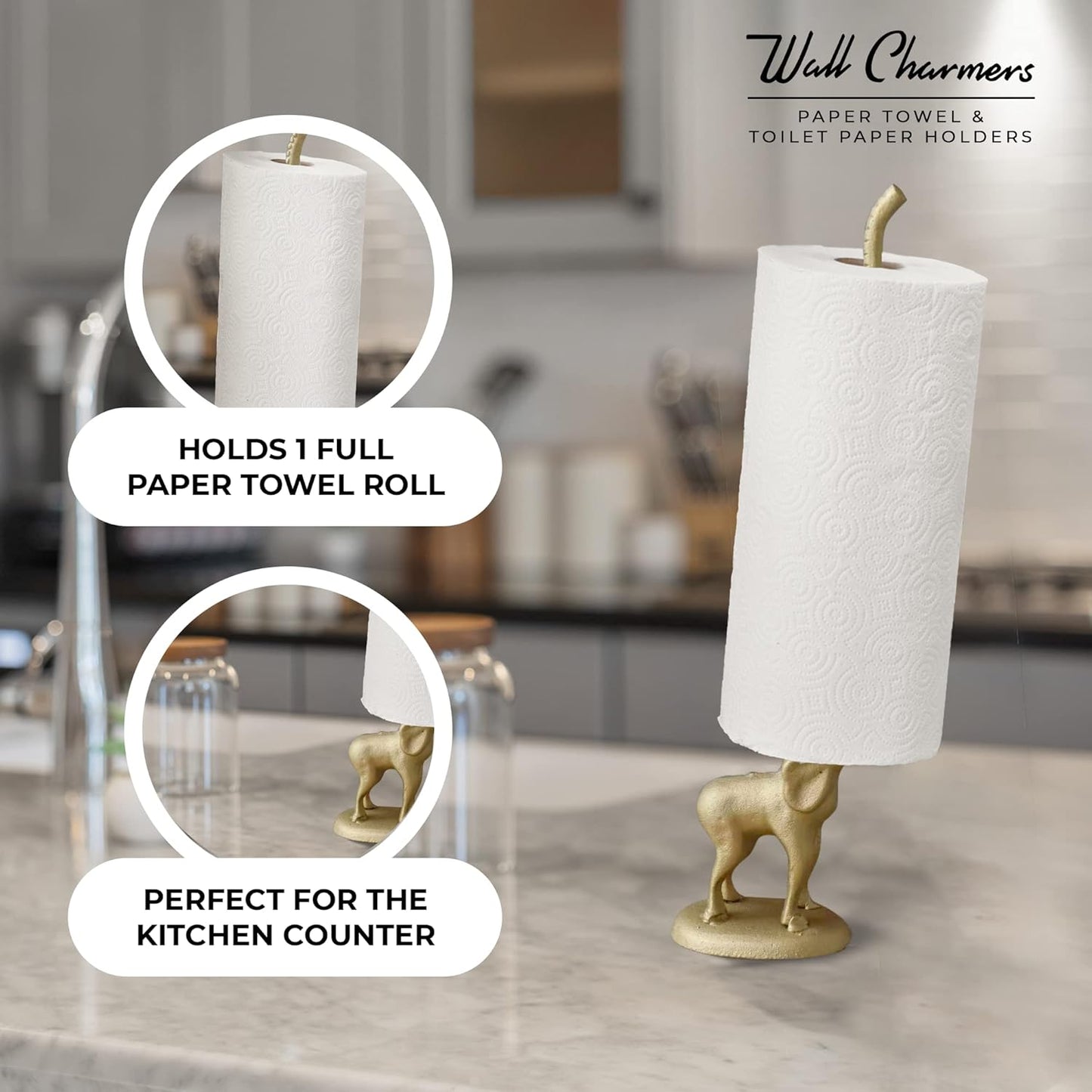 WallCharmers Gold Paper Towel Holder, Metal Toilet or Kitchen Paper Holder for Floor or Countertop, Gold Elephant