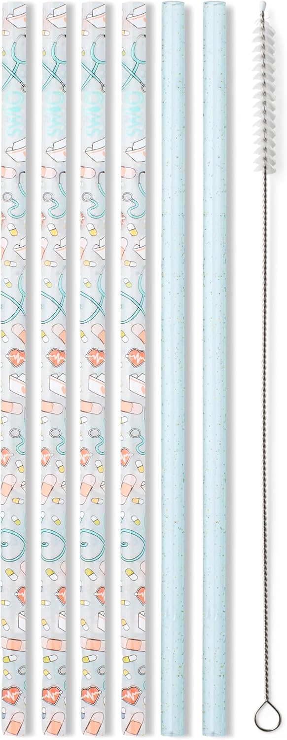 Swig Life Reusable Straws Scrub Life + Aqua Glitter Tall Straw Set & Cleaning Brush, Each Straw is 10.25 inch Long, Nurse Gifts for Women (Fits Swig Life 20oz Tumblers, 22oz, and 32oz Tumblers)