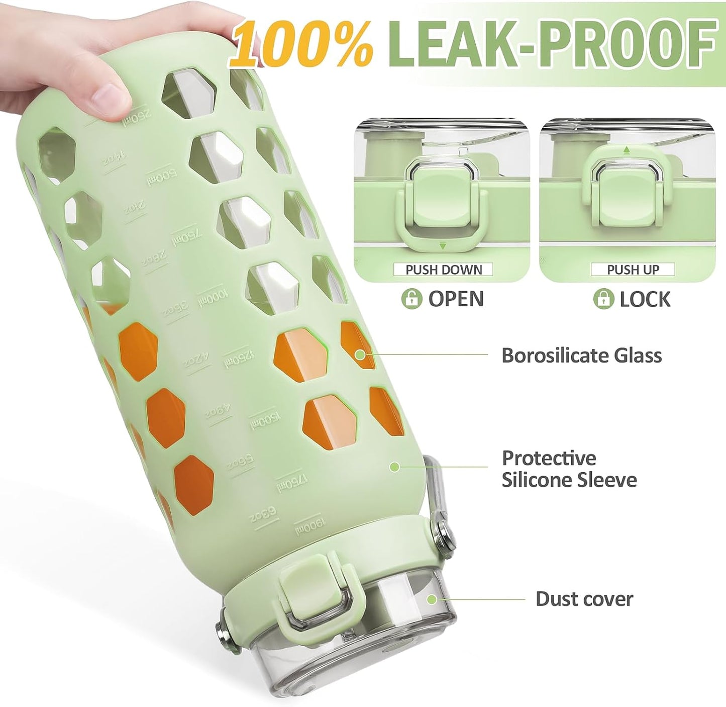 MUKOKO 64oz Glass Water Bottles with Straw and Lid,Half Gallon Water Bottle with Time Marker,Large Glass Water Jug with Silicone Sleeve and Stainless Steel Handle-Green