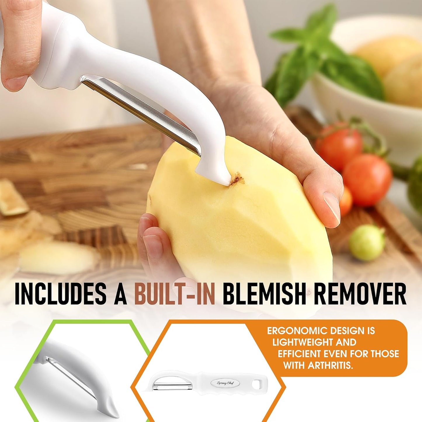 Spring Chef Premium Swivel Vegetable Peeler, Comfrotable Handle and Ultra Sharp Stainless Steel Blades - Perfect Kitchen Peeler For Veggie, Fruit, Potato, Carrot, Apple - White