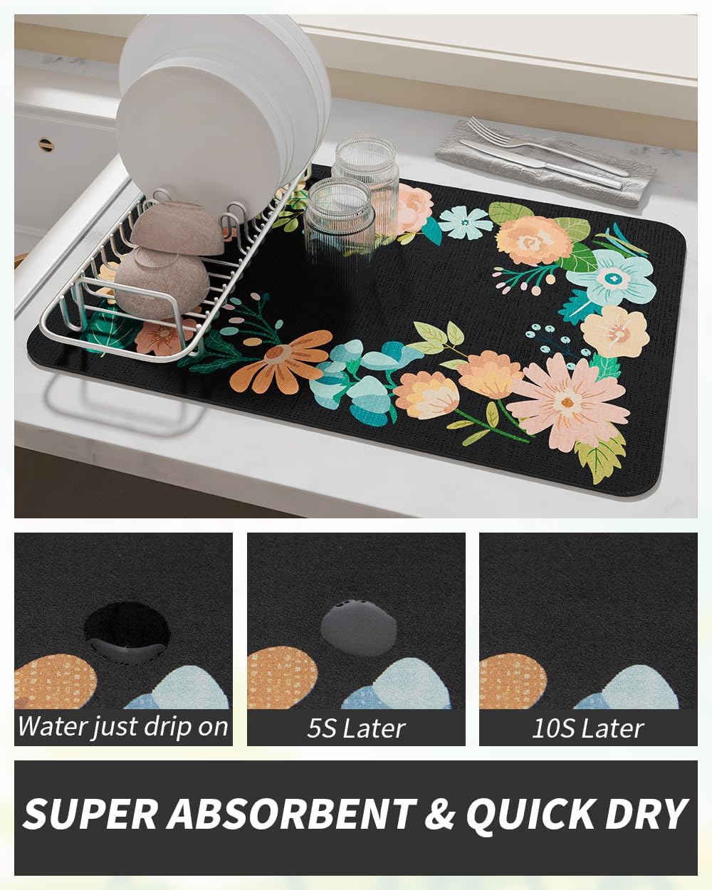 AMOAMI Coffee Mat Hide Stain Rubber Backed Absorbent Dish Drying Mat for Kitchen Counter - Fits Under Coffee Maker or Machine - Floral BLACK 17x31.5