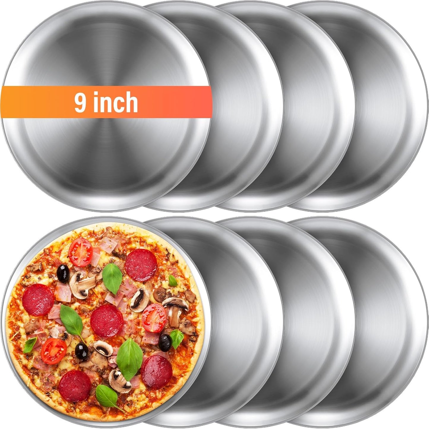 Thenshop 8 Pieces 9 Inch Pizza Pans Bulk Stainless Steel Sets Round Bakeware Pizza Trays for Oven Kitchen Baking Home Restaurant Safe Sturdy Reusable Easy Clean(Silver)