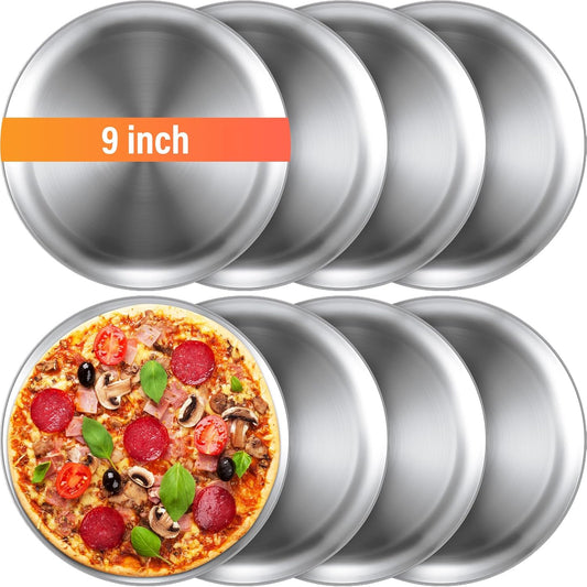 Thenshop 8 Pieces 9 Inch Pizza Pans Bulk Stainless Steel Sets Round Bakeware Pizza Trays for Oven Kitchen Baking Home Restaurant Safe Sturdy Reusable Easy Clean(Silver)