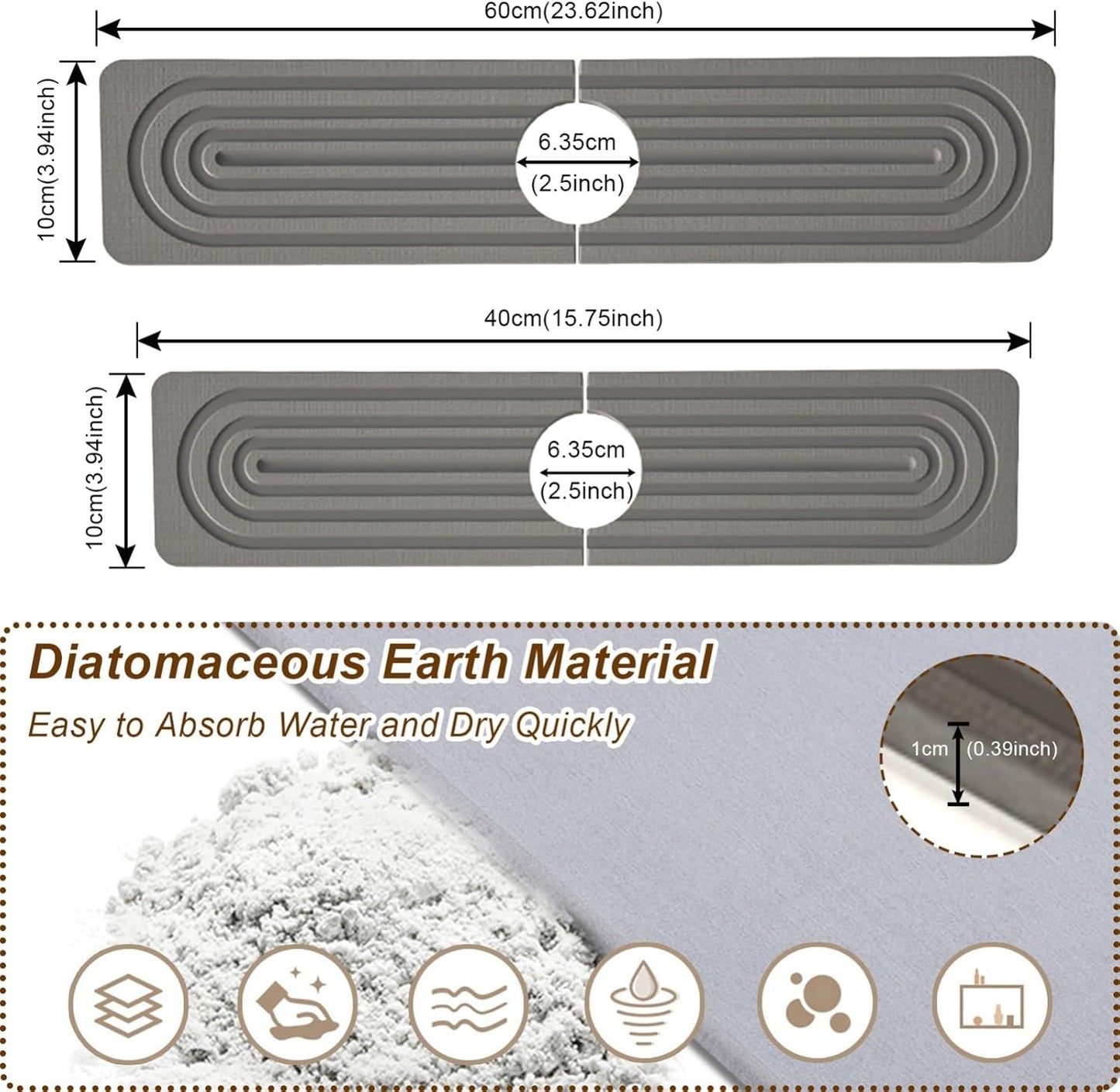 Faucet Mat for Kitchen Sink, Diatomite Super Absorbent Fast Drying Stone Sink Tray for Bathroom Kitchen Sink Splash Guard(Square Dark Grey,15.7x3.9in)