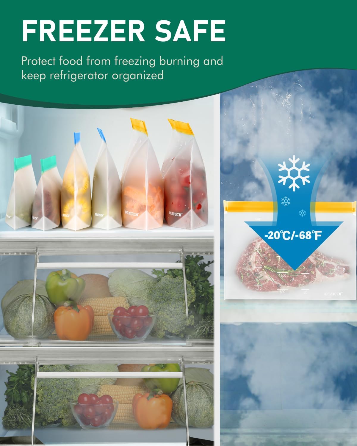 IDEATECH Sandwich Bags, Quart Freezer Bags Dishwasher Safe, Leakproof & BPA Free Reusable Bags for Food Storage, Home Organization, Traval & Make-up, Plastic Free Storage Bags Stand Up(10Pack)