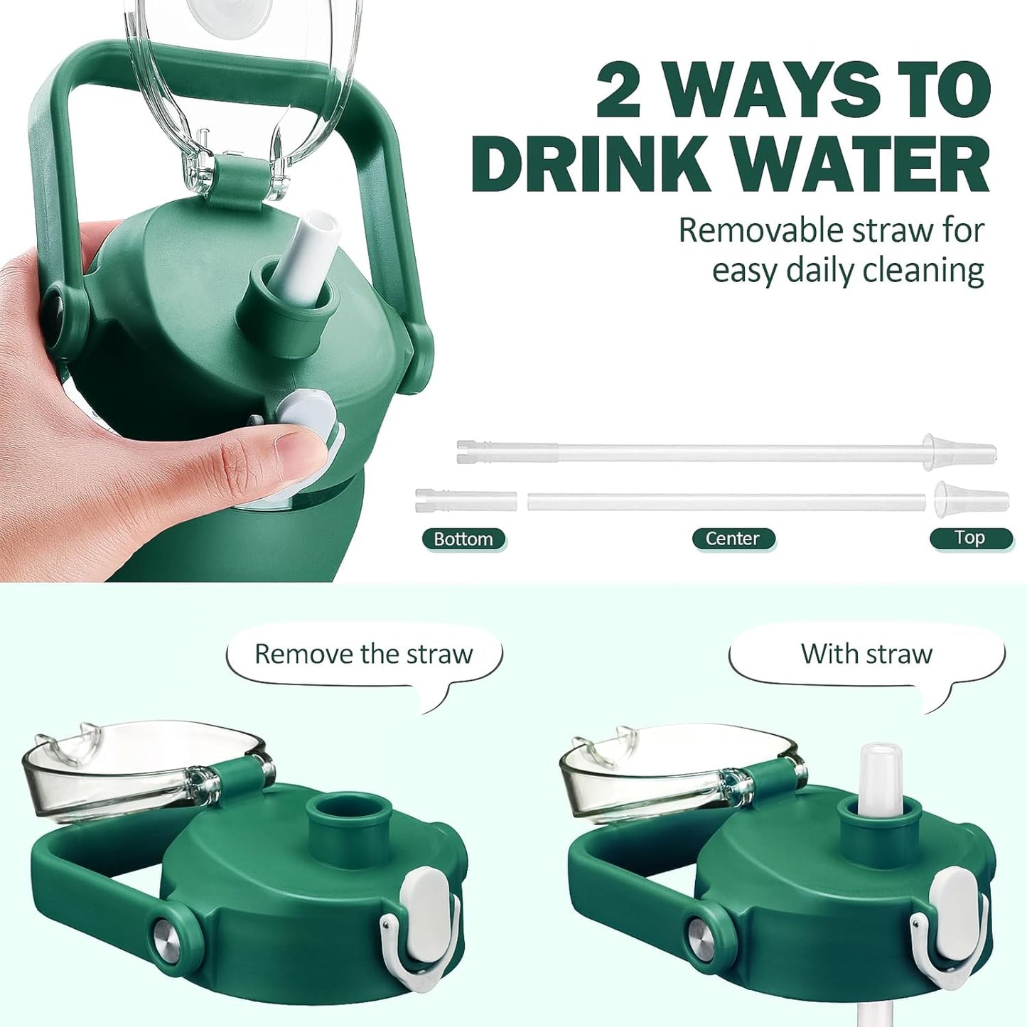 kytffu 42oz Glass Water Bottles with Straw, Motivational Glass Bottle with Silicone Sleeve and Time Marker, Leakproof Large Glass Water Jug for Gym Home Office, Ink green