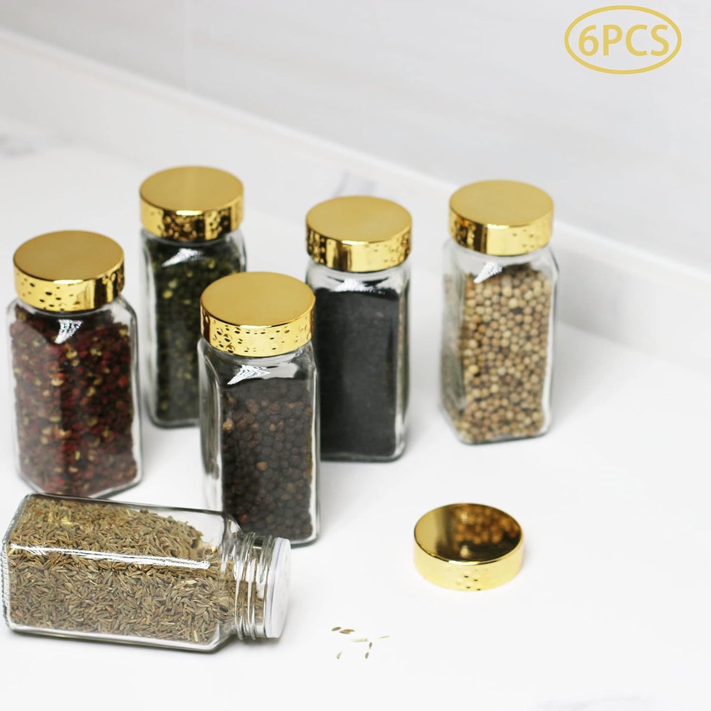 6pcs Gold Spice Jars, 4 oz Glass Seasoning Bottles, Spices Container, Empty Spice Jars, Square Spice Bottles with Airtight Plastic Caps with Shaker Lids