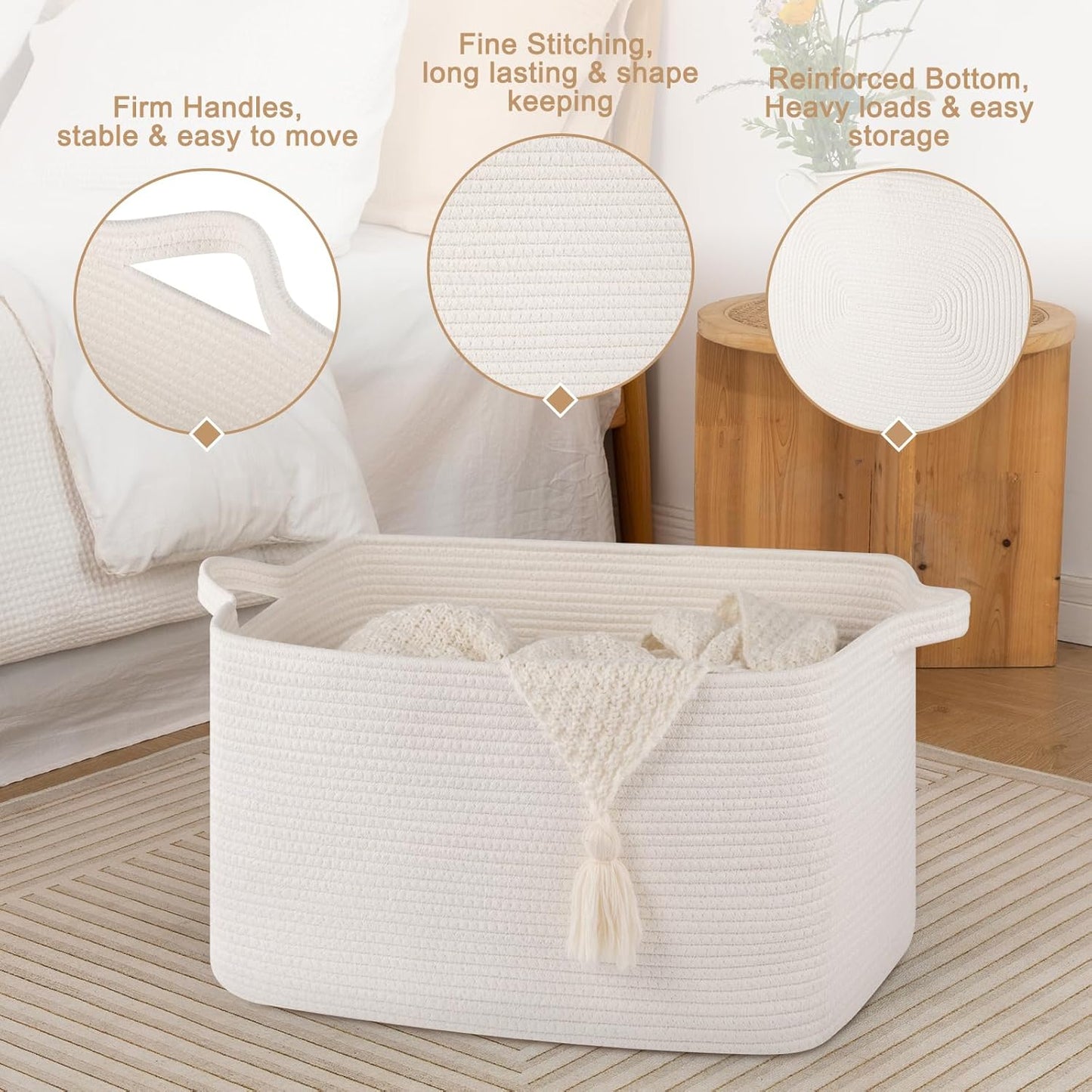 65L Large Storage Basket, Cotton Rope Woven Blanket Basket, Toy Storage for Baby Room, Living Room, White