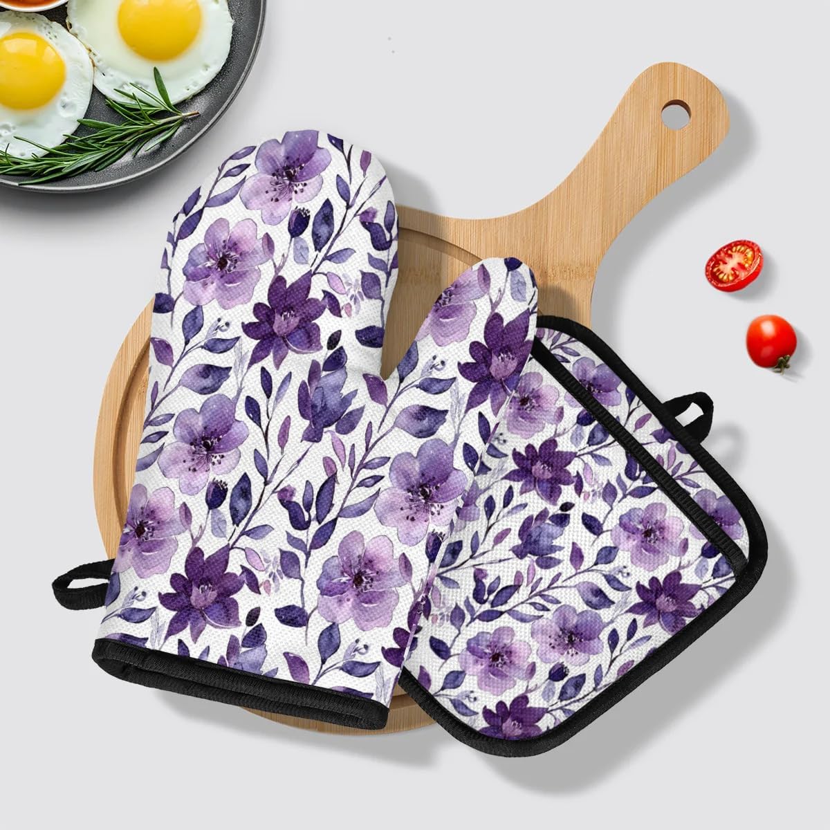 Flower Oven Mitts and Pot Holders Sets, 2 Pcs Purple Floral Decorative Kitchen Oven Glove for Cooking