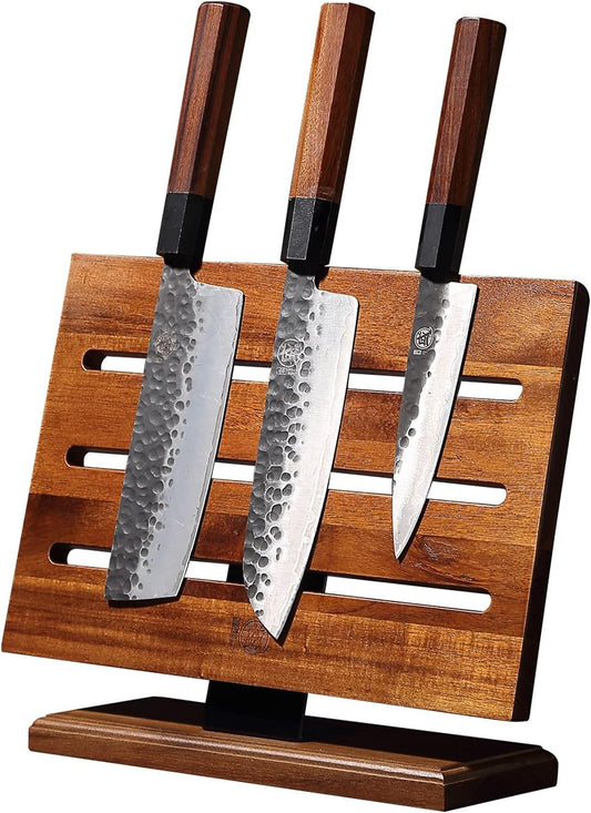 MITSUMOTO SAKARI Japanese Magnetic Knife Block, Japanese Acacia Wood Knives Holder Stand, Enhanced Double-Sided Magnetic Wooden Knife Storage for Kitchen Counter