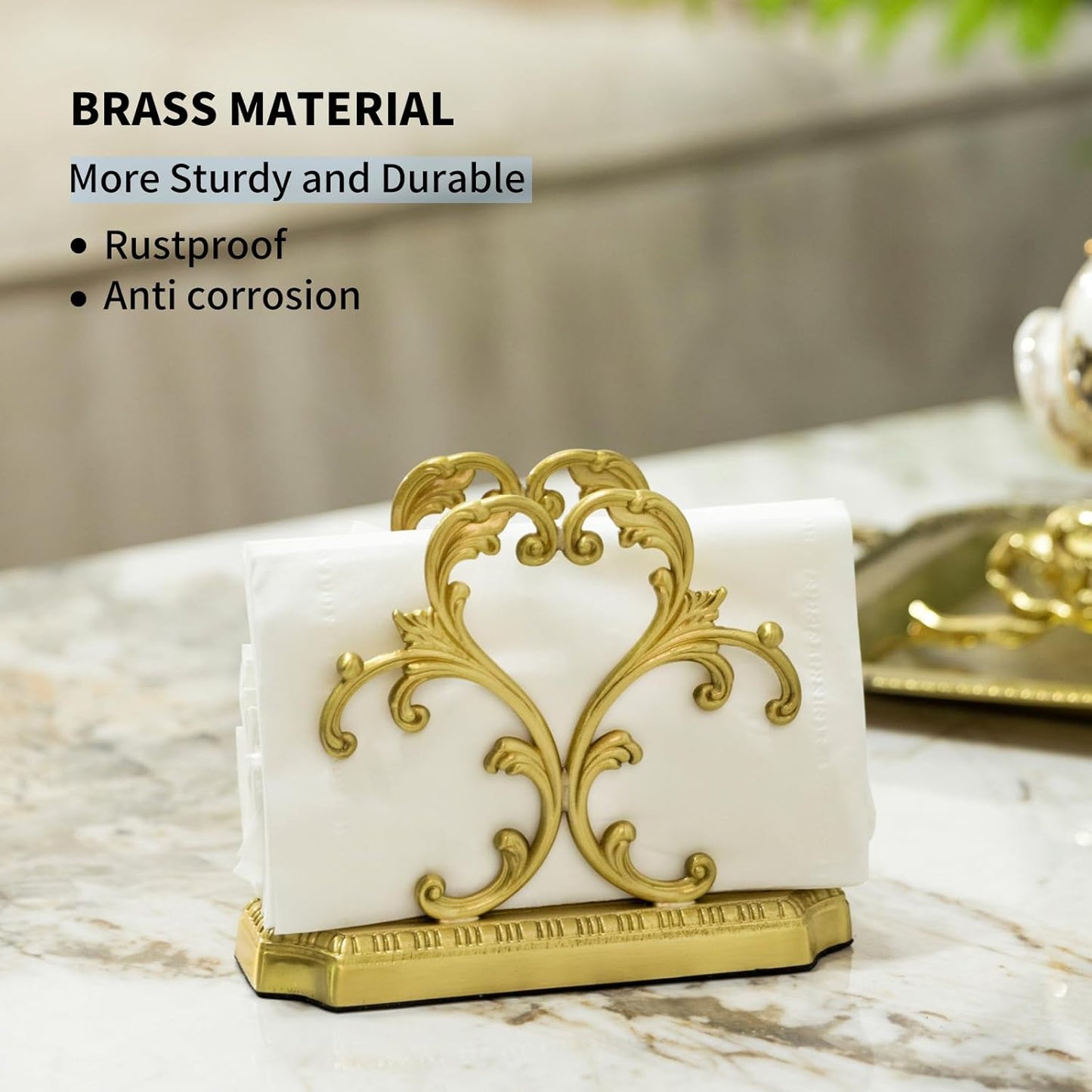 Luxurious Gold Napkin Holder for Table,Brass Napkin Holders for Paper Napkins & Kitchen Dining & Countertops, Cocktail Upright Napkin Holder Dispenser Suitable for All Room Decors