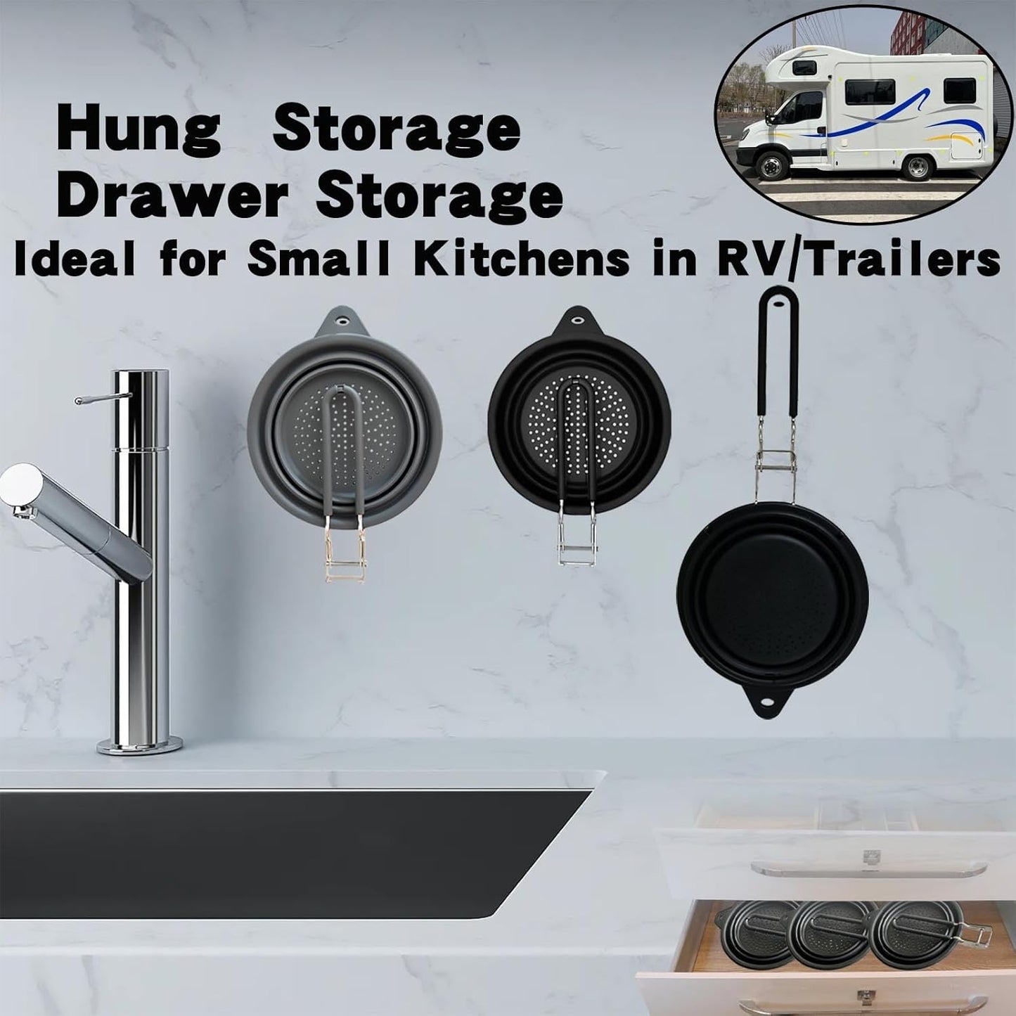 Silicone Collapsible Colander with Handle,Home/RV Kitchen Space Saving Silicone Colander,Drainage of Food,Vegetables,Fruits (Black)