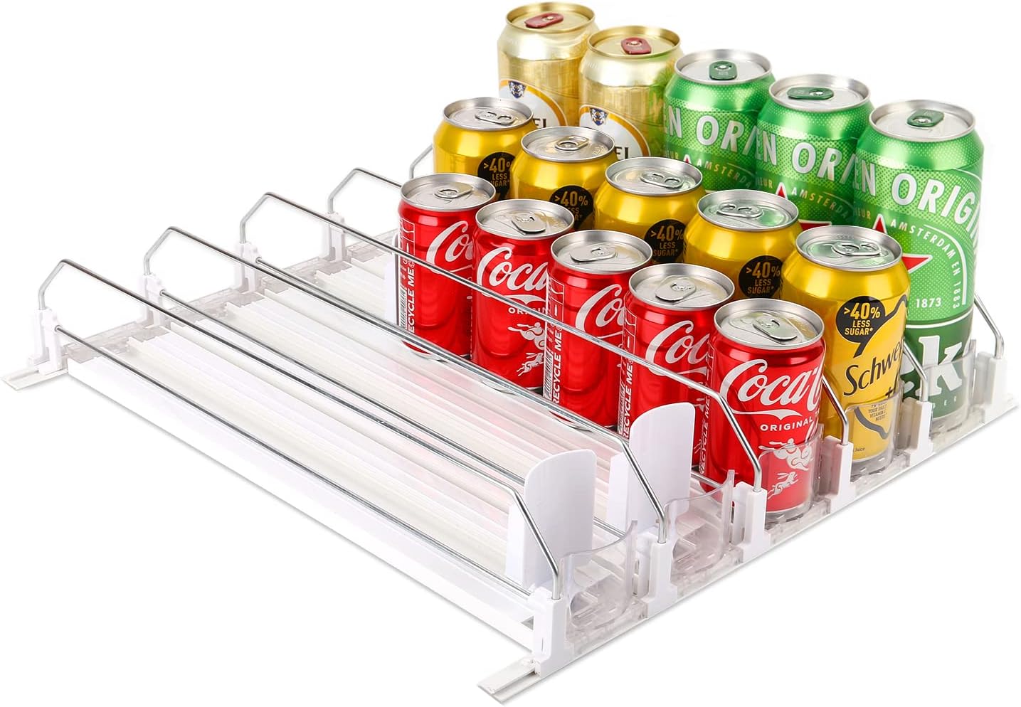 Drink Dispenser for Fridge, Soda Can Organizer for Refrigerator, Adjustable Width Beverage Self-Pushing Glide Rack, Up to 25 Cans Storage for Fridge Pantry (White, 15 Inch, 5 Rows)