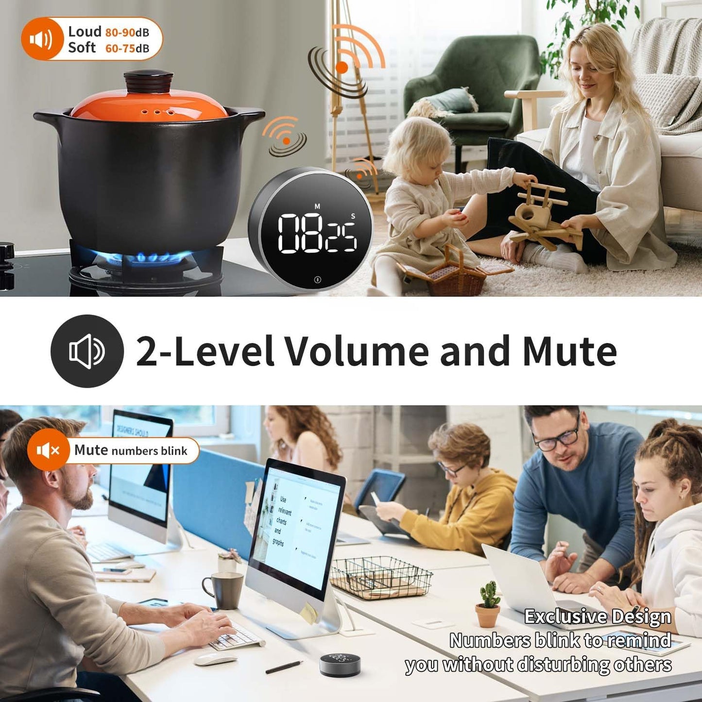 VOCOO Digital Kitchen Timer - Magnetic Countdown Countup Timer with Large LED Display Volume Adjustable, Easy for Cooking and for Seniors and Kids to Use (Space Grey)