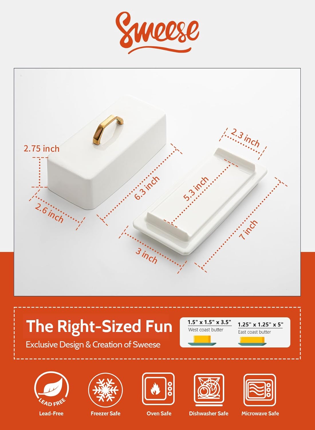 Sweese Butter Dish with Lid for Countertop - Butter Container - Butter Saver, 4oz Beautiful Small Butter Tray for East West Coast Butter, Fridge, Dishwasher Safe-White