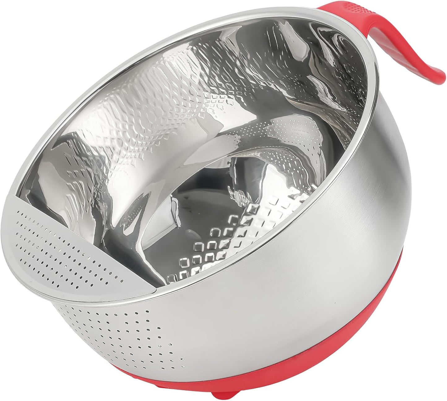 Rice Strainer Washing Bowl Quinoa Washer whit Handle Stainless Steel Colander Versatile Side Drainers for Cleaning Rinsing Fruits, Vegetables, and Beans - Tilting Non-slip Silicone Bottom, Red