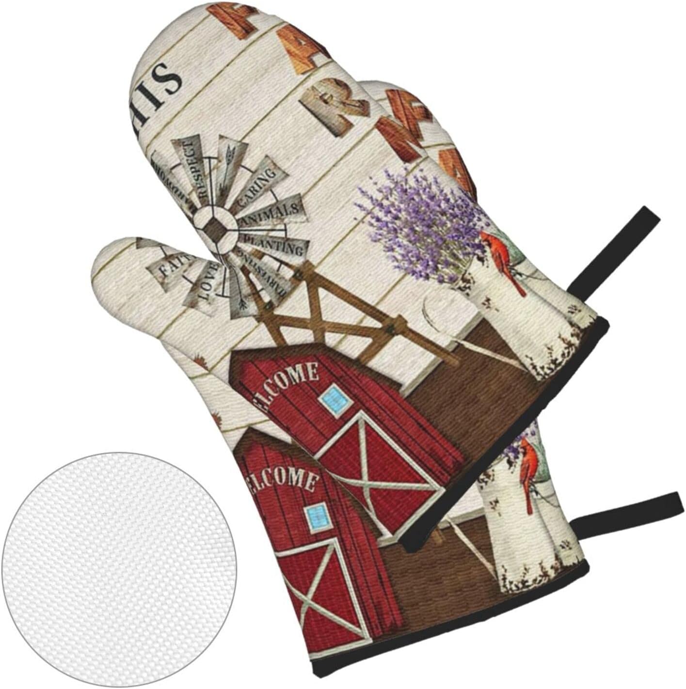Oven Mitts and Pot Holders Sets of 4,Farmhouse Windmill and Barn House Lavender Cardinal Bird Country Style,Oven Mitts Heat Resistant Oven Gloves Set Potholders for Kitchen Baking Grilling