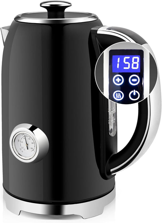 SUSTEAS Electric Kettle Temperature Control - 57oz Hot Water Boiler with Thermometer, 1500W Fast Heating Stainless Steel Tea Kettles, Cordless LED Indicator, Auto Shut-Off & Boil Dry Protection,Black