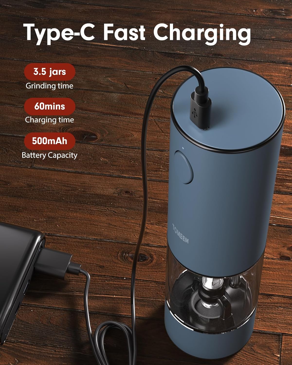 TOMEEM Upgraded Larger Capacity Electric Salt and Pepper Grinder Set Rechargeable with LED lights, Stainless Steel Automatic Pepper and Salt Grinder Refillable with 5 Adjustable Coarseness Blue