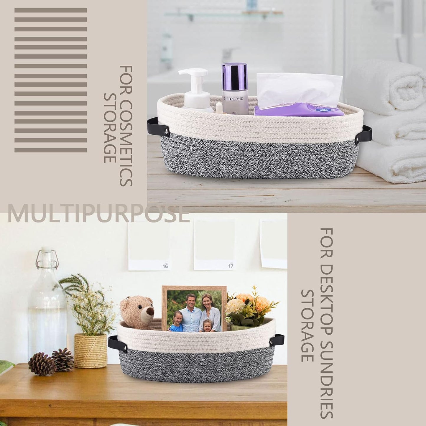 Small Cotton Rope Woven Basket Toilet Paper Baskets for Organizing Decorative Basket for Boho Decor Small Storage Basket 13"x5.9"x4" Variegated Gray&White