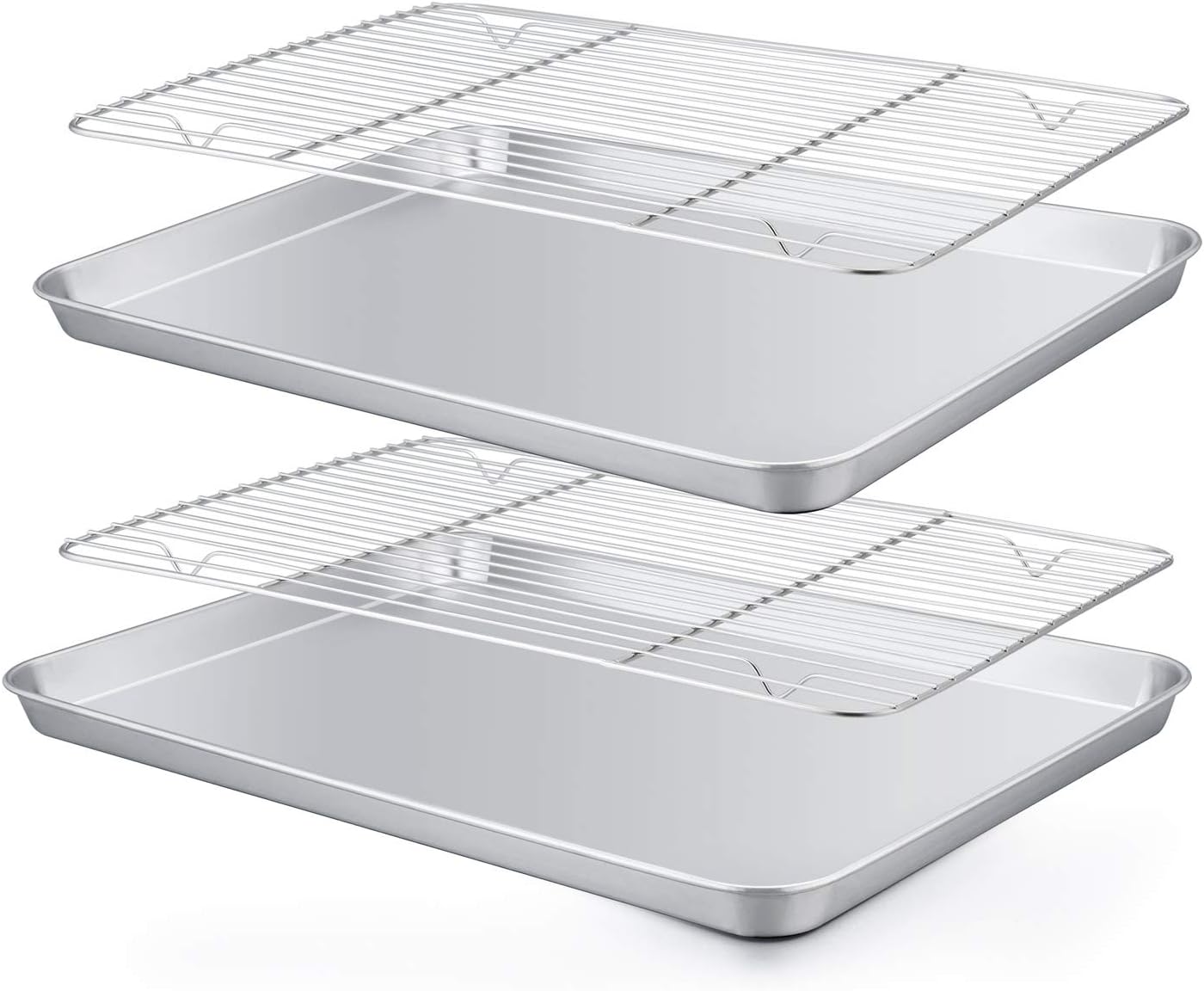 TeamFar Baking Pan with Rack Set of 4, 12.5’’ x 9.5’’ Stainless Steel Toaster Oven Baking Pan with Cooling Rack, Healthy & Non Toxic, Easy Clean& Mirror Finish, Dishwasher Safe - (2 Pans + 2 Racks)
