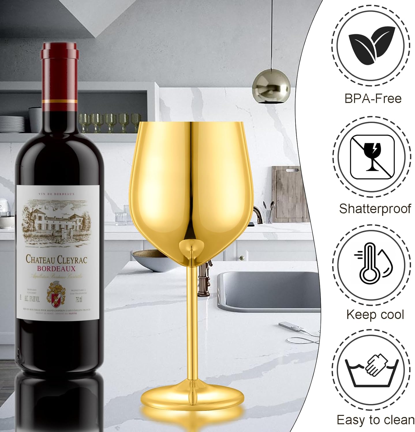 Stainless Steel Wine Glasses Set of 4 Unbreakable Gold Wine Glass 18 oz Unique Metal Wine Goblets for Outdoor, Travel, Camping, Pool, Ideal Gift for Wine Lovers