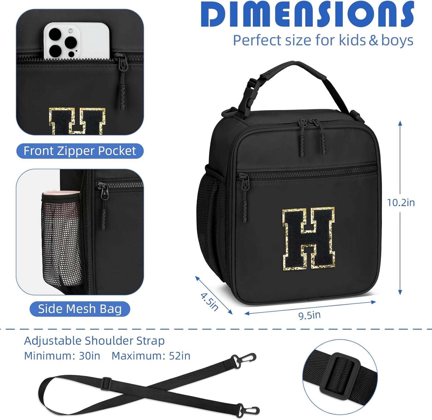 Initial Insulated Lunch Bag for Boys Kids, Back to School Gift, Reusable Leak-proof Lunch Box with Adjustable Strap for School Daycare Travel Picnic（Black，H）